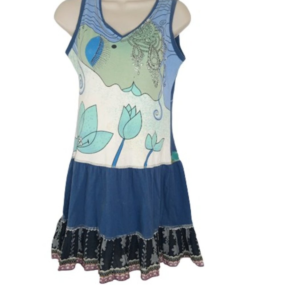 Neslay Paris Womens Mini Dress Blue Multicolor Art to Wear Beaded Ruffle Hem S